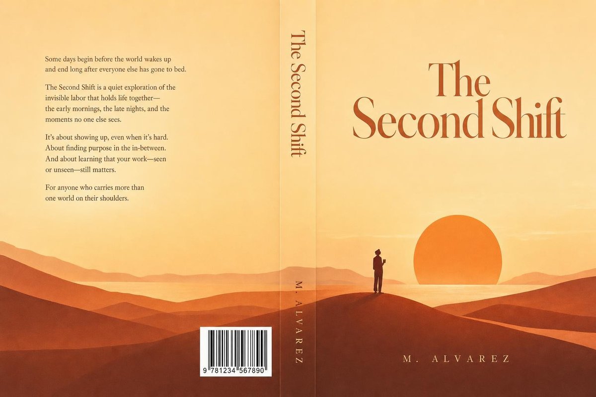 Full KDP print wrap of The Second Shift with a back-cover blurb, ISBN barcode block beside the spine, printed spine, and front cover as one continuous desert-sunrise artwork